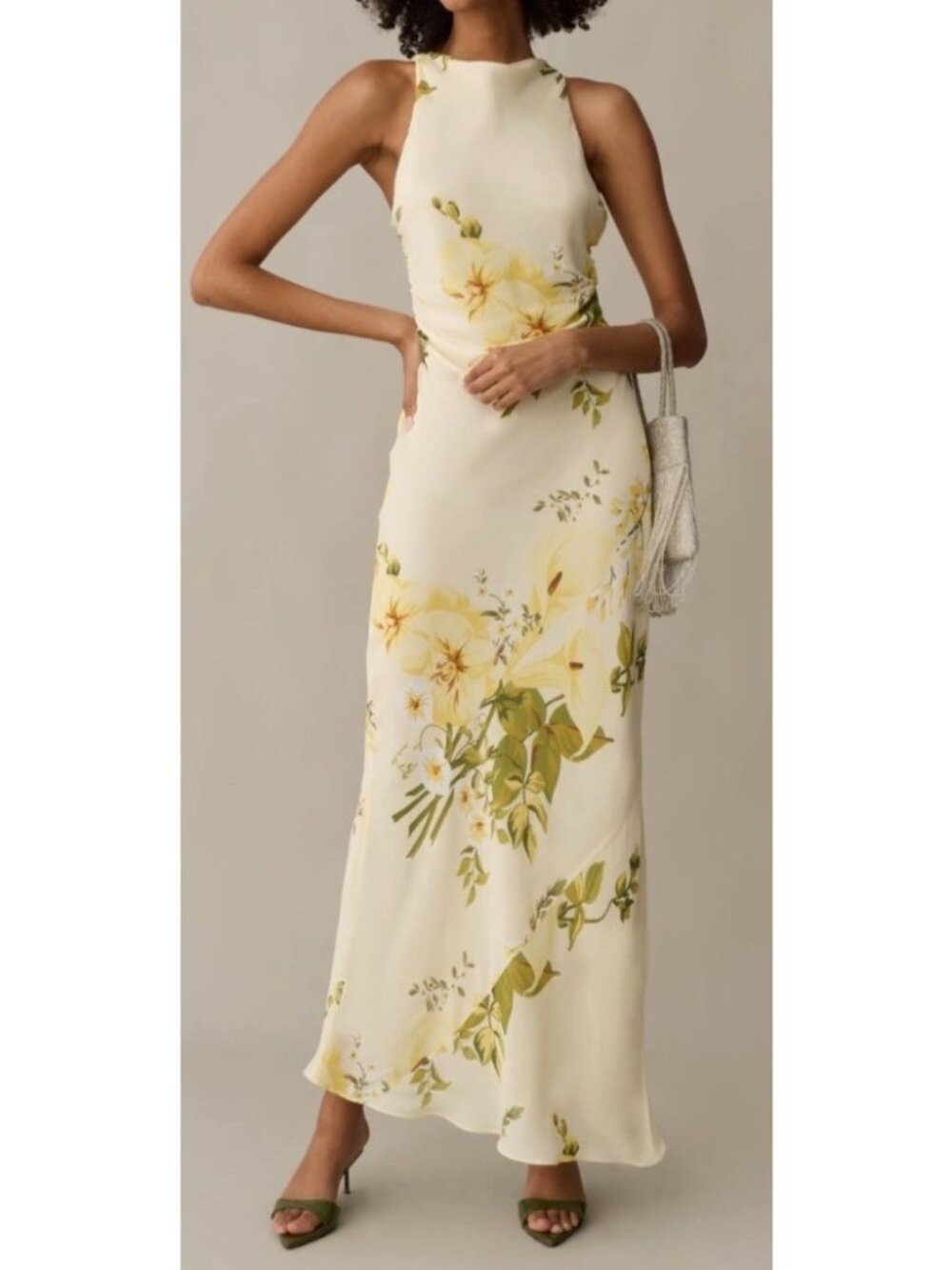 O.P.T Women's Sz 6 Floral Maxi Dress With Open Back & Yellow Lily Print